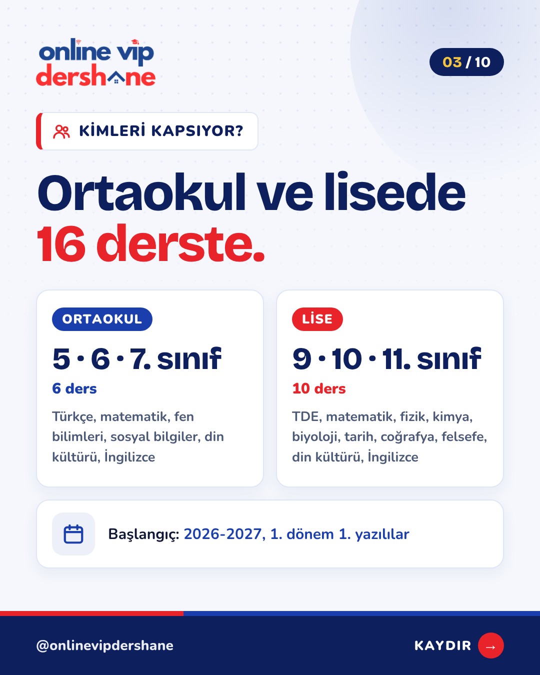 OYSS kapsamı: 5, 6, 7 ve 9, 10, 11. sınıflarda 16 ders