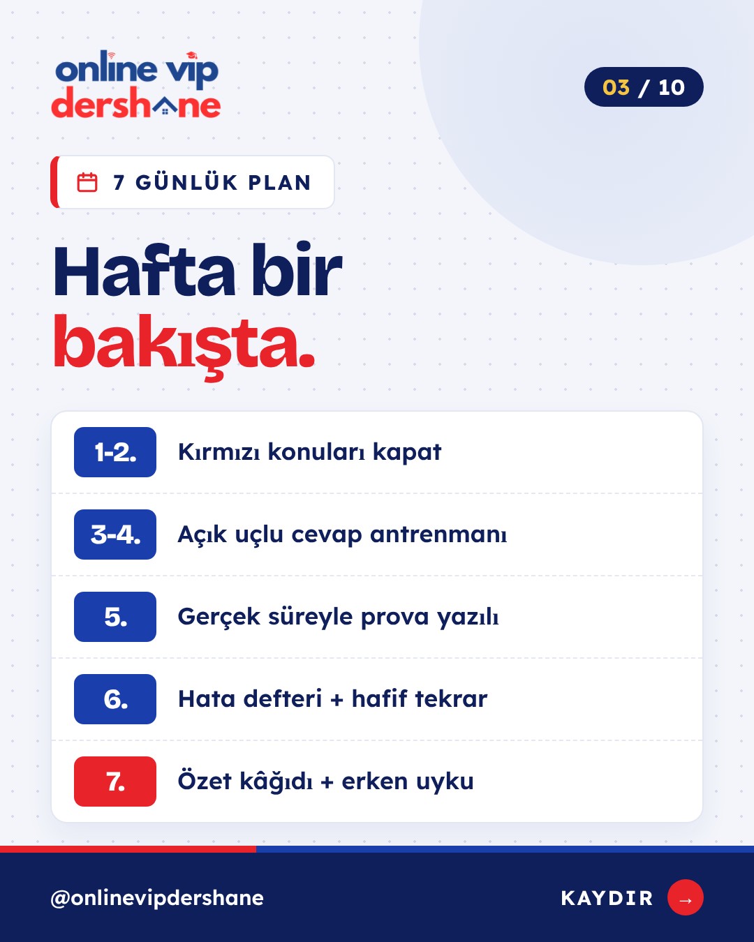 7 günlük plan bir bakışta