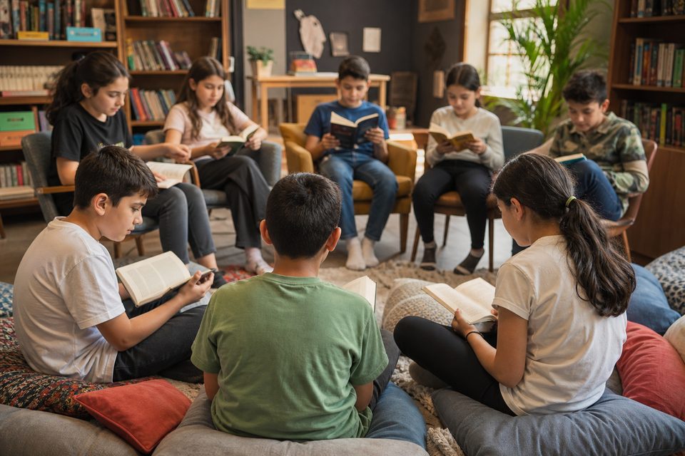 Kitap okuma atölyesi — öğrenciler kitap okuyor