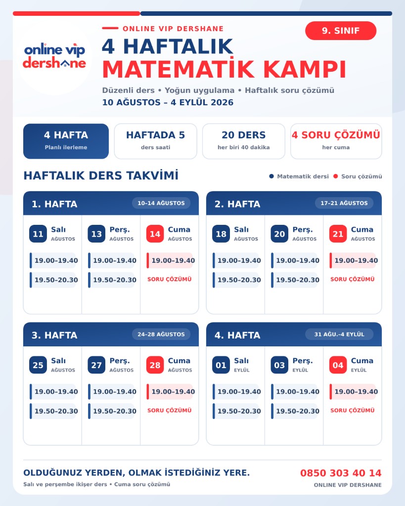 4 Haftalık Matematik Kampı Haftalık Ders Takvimi